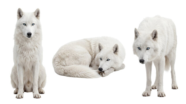 PNG white wolves in different poses isolated on transparent background