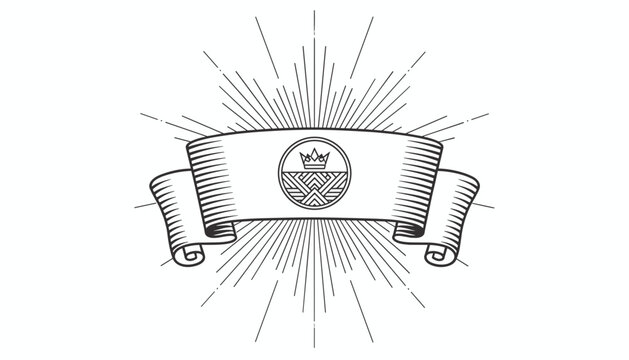 Vintage engraved style banner ribbon with central emblem and sunburst rays radiating outward isolated on white background.