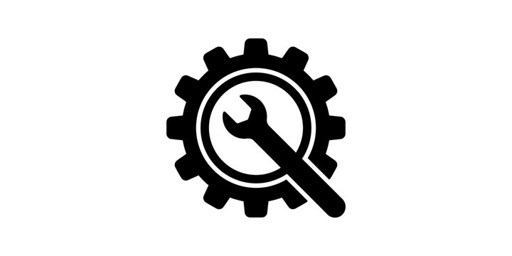 Gear and wrench black icon set represents technical service support.