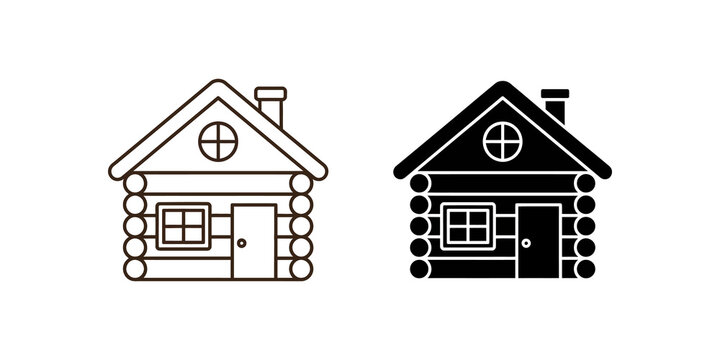 Log cabin house icon outline and solid vector shapes for design projects.