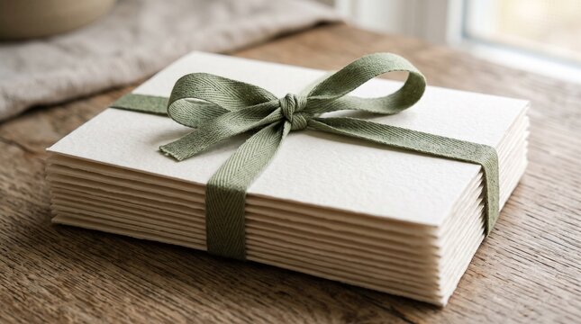 Stack of blank greeting cards tied with a rustic green ribbon on a wooden table