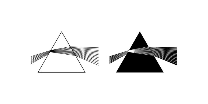 Light refraction prism icon outline and black solid shapes for education.