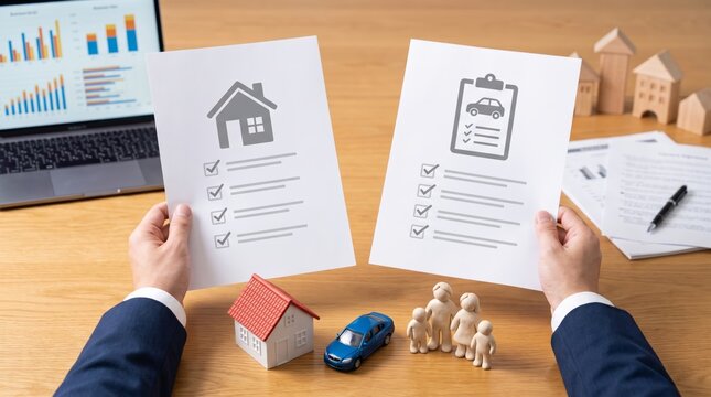 Strategic Asset Protection Hands holding home and auto protection documents, with miniature house, car, and family symbolizing comprehensive financial planning