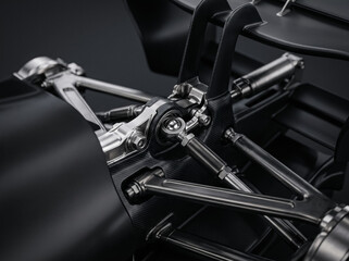 Fototapeta premium macro shot of suspension and detailed metal mechanisms of formula 1 race car with shiny bolts rods and carbon elements of structure in perfect light