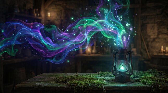 Mystical lantern emitting ethereal glowing swirls in dark ambient setting