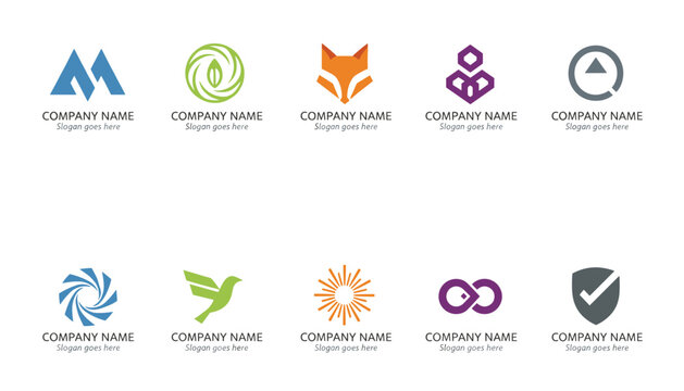 Collection of ten modern minimalist logo templates with company name placeholders representing corporate business brands.