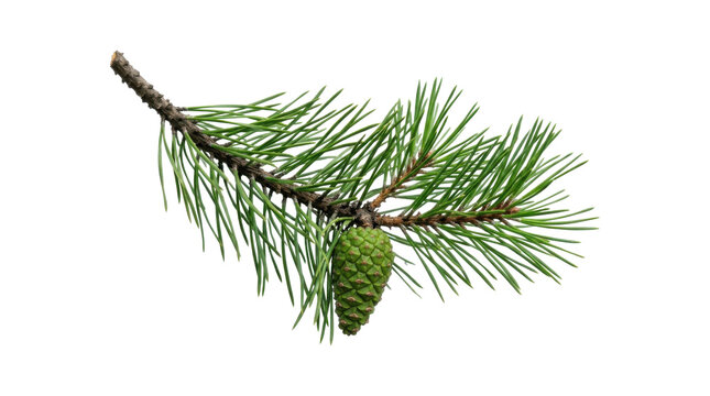 Fresh Green Pine Tree Twig with Immature Pinecone Isolated