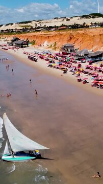 Canoa Quebrada Beach In Canoa Quebrada Ceara Brazil. Aerial View Of Stunning Beach With Crystal Clear Waters. Tropical Skyline. Bay Water Landscape. Canoa Quebrada Ceara.