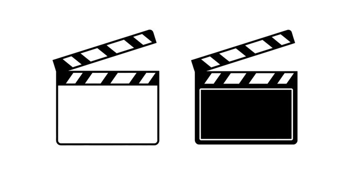 Clapperboard film slate black line and silhouette for movie production.