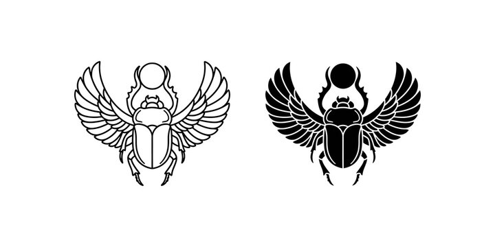 Scarab beetle with wings black line and silhouette for tattoo design.
