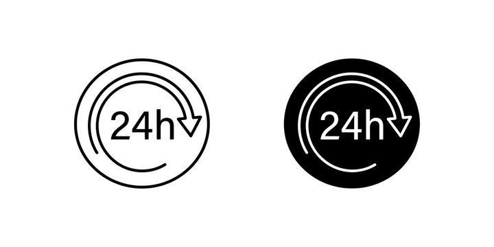 Clock twenty four hours symbol black line and silhouette for schedule.