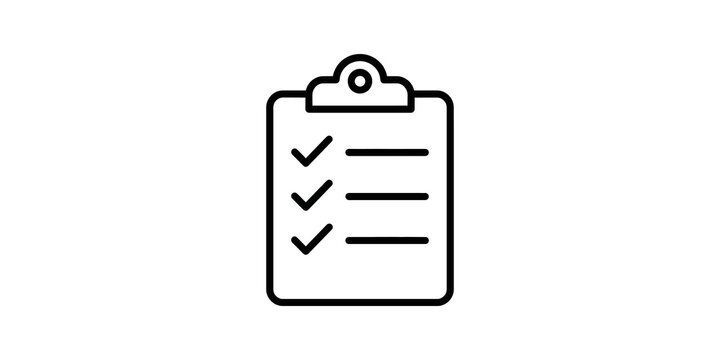 Black outline clipboard checklist icon with check marks and lines.