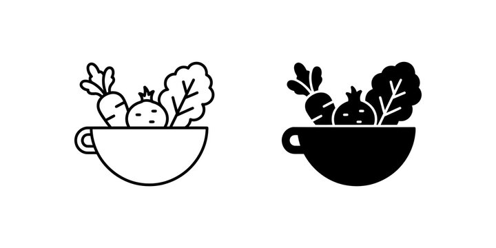 Vegetable bowl icons with fresh greens for healthy diet and cooking.