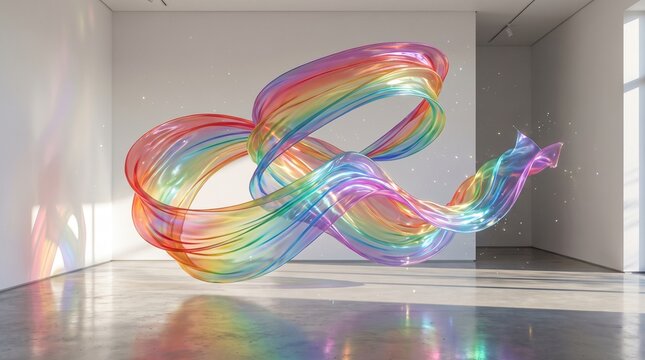 Dynamic colorful ribbon swirl floating in modern minimalist space with sparkling