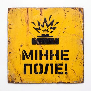 A heavily distressed, rusty yellow metal sign featuring a black explosion symbol and the Ukrainian text "&ETH;&oelig;&ETH;&dagger;&ETH;&ETH;&ETH;&bull; &ETH;&Yuml;&ETH;ž&ETH;&rsaquo;&ETH;&bull;!" (MINEFIELD!), indicating a dangerous area.