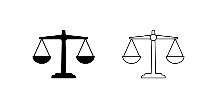 Justice balance scale black outline icons for legal and law concepts.