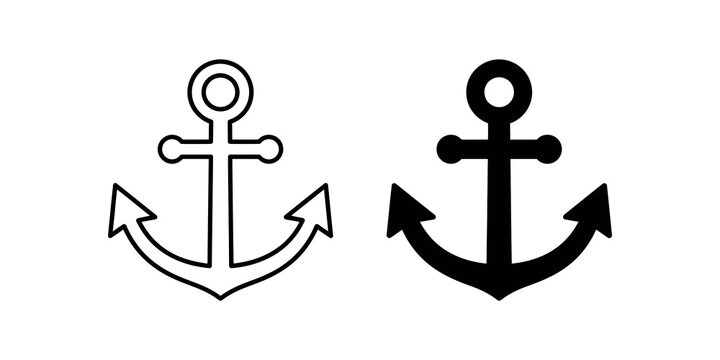 Anchor ship symbol with outline and silhouette style for marine designs.
