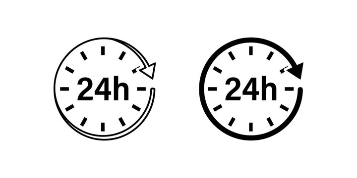 Black line and silhouette 24 hour clock icon set for business hours.