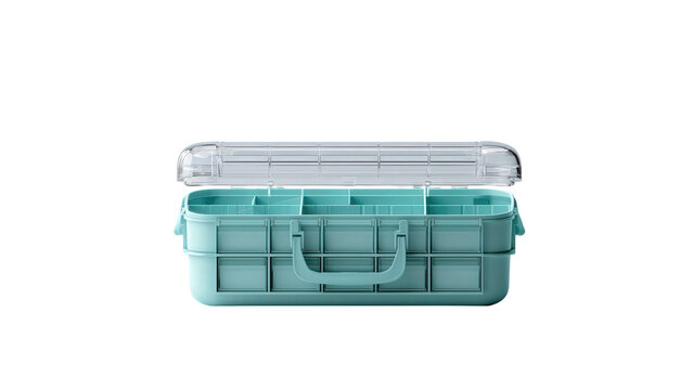 Open turquoise plastic organizer box for small parts with clear hinged on transparent background
