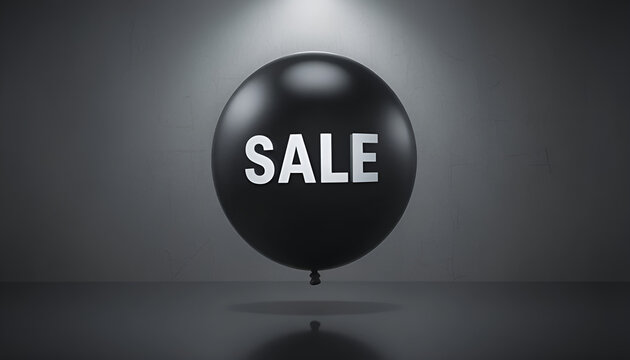 Black glossy balloon with SALE text hovering above reflective surface in studio lighting
