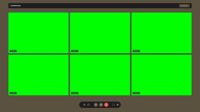 Online Meeting Interface Layout with 6 Green Screen Video Tiles and Meeting Controls for Webinar Overlay.