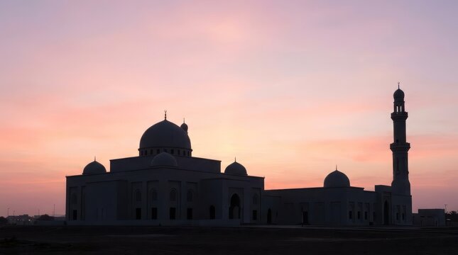 Silhouette of a majestic mosque against a sunset sky.