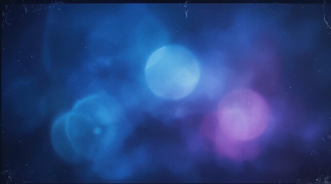 Bokeh light circles glow softly against a dark blue background with vibrant purple lens flares.