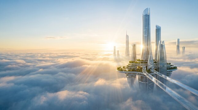Futuristic Sky City Above Clouds at Sunrise