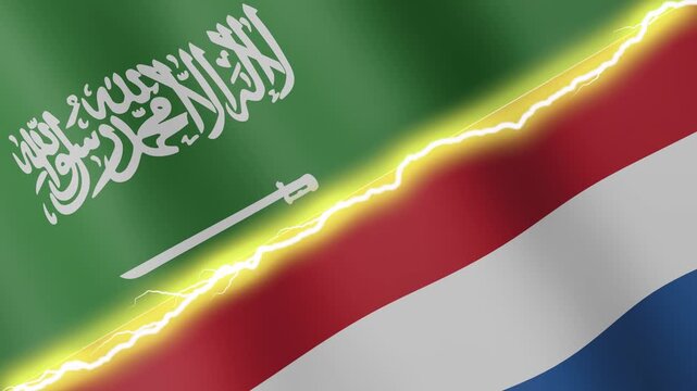 Two waving flags Saudi Arabia and Netherlands with diagonal lightning seamless, 4k loop