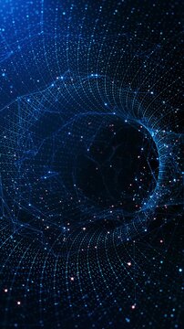Futuristic blue cyber tunnel, formed by luminous nodes and polygon lines. Dynamic security background for encryption, blockchain, quantum computing, protected data, fintech and modern digital systems.