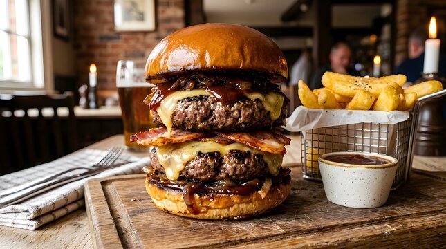 Stacked cheeseburgers with fries and dipping sauce on rustic wood