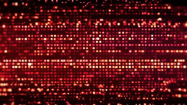 Glowing red square particles moving across dark screen background in this digital motion footage of abstract data information flow animation