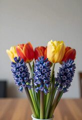Fototapeta premium Spring flower bouquet with colorful tulips and purple hyacinths, fresh floral arrangement for home decor and celebration