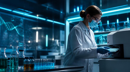 Fototapeta premium female scientist working in high-tech laboratory environment with advanced scientific equipment and digital DNA visualization