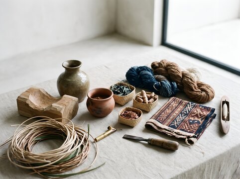 Traditional artisan craft materials and tools for natural dyeing and weaving on a linen tablecloth