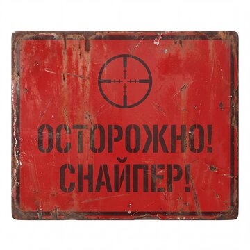 A worn, rusty red metal warning sign, isolated on white. It displays a sniper scope reticle and the Russian text 'CAUTION! SNIPER!', conveying a sense of danger and military theme.