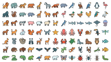 Obraz premium Set of various wild animal and insect line art icons featuring colorful geometric shapes for design projects