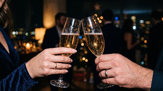 Couple clinking champagne glasses in celebration at a festive evening gathering