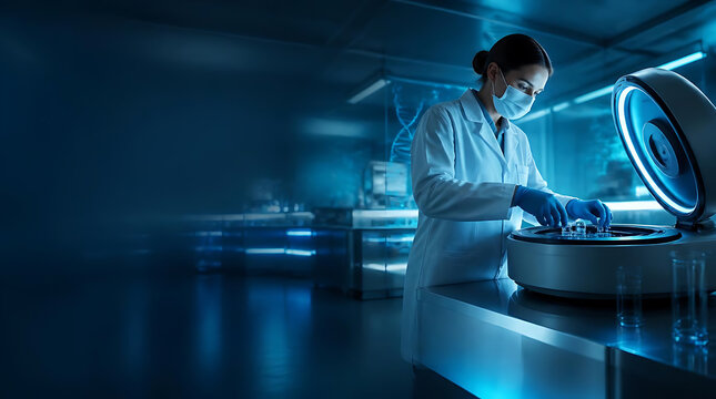 female scientist working in advanced laboratory environment with high-tech equipment and scientific instruments at night