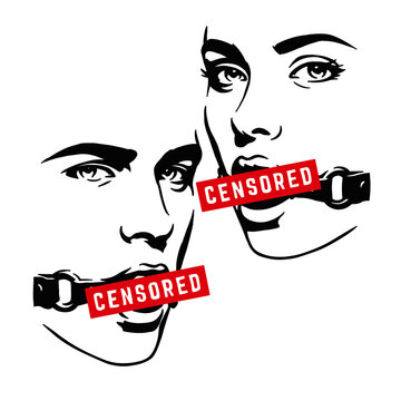 Edgy illustration of gagged faces with red censored bars, bold protest against silence design