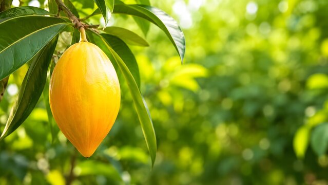 Bright close up photo of a ripe yellow canistel eggfruit hanging on a leafy tree branch suitable for exotic recipe collections tropical agriculture websites and nutrition guides.
