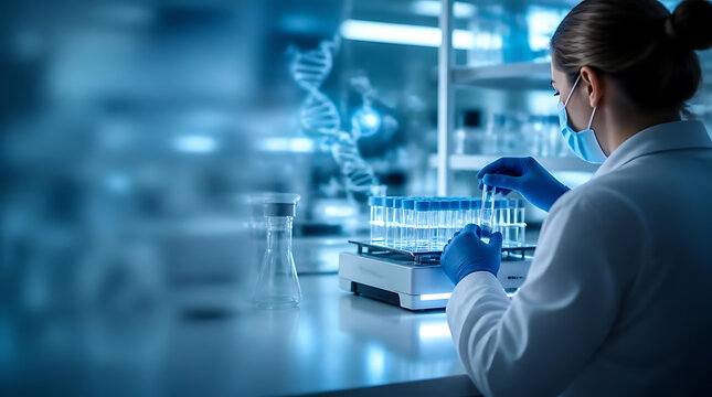 scientist conducting laboratory research with test tubes and advanced DNA analysis equipment in high-tech laboratory environment