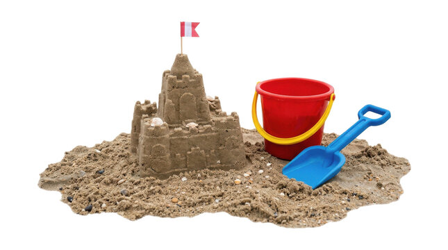 Sandy Beach Sandcastle with Red Plastic Pail and Blue Toy Shovel