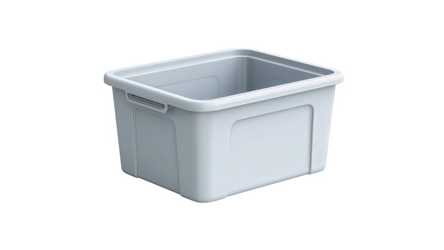 Empty rectangular plastic storage bin container with handles captured on transparent background