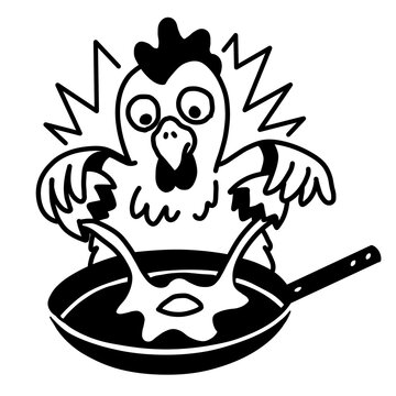 Funny panicked chicken stuck in frying pan, bold black line art, humorous edgy cartoon design
