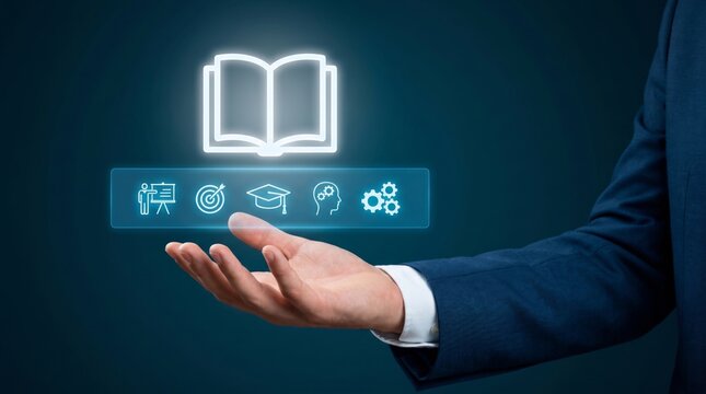 Professional hand displays a glowing digital book icon, representing comprehensive knowledge, innovative education, strategic learning solutions for future success