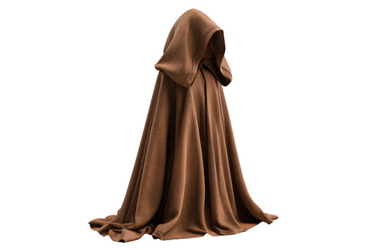 Realistic brown hooded cloak arranged in a standing pose with transparent background