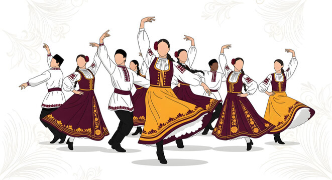 Group of dancers performing traditional folk dance in ethnic costumes