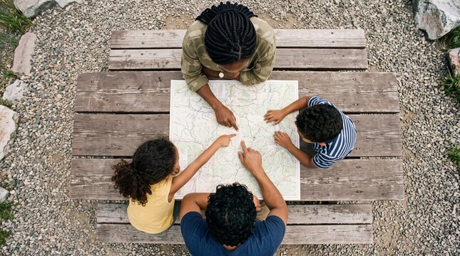 Diverse family planning outdoor adventure by studying a topographic map together