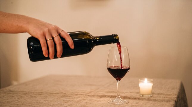 Pouring red wine into a glass with a candle lit on the side